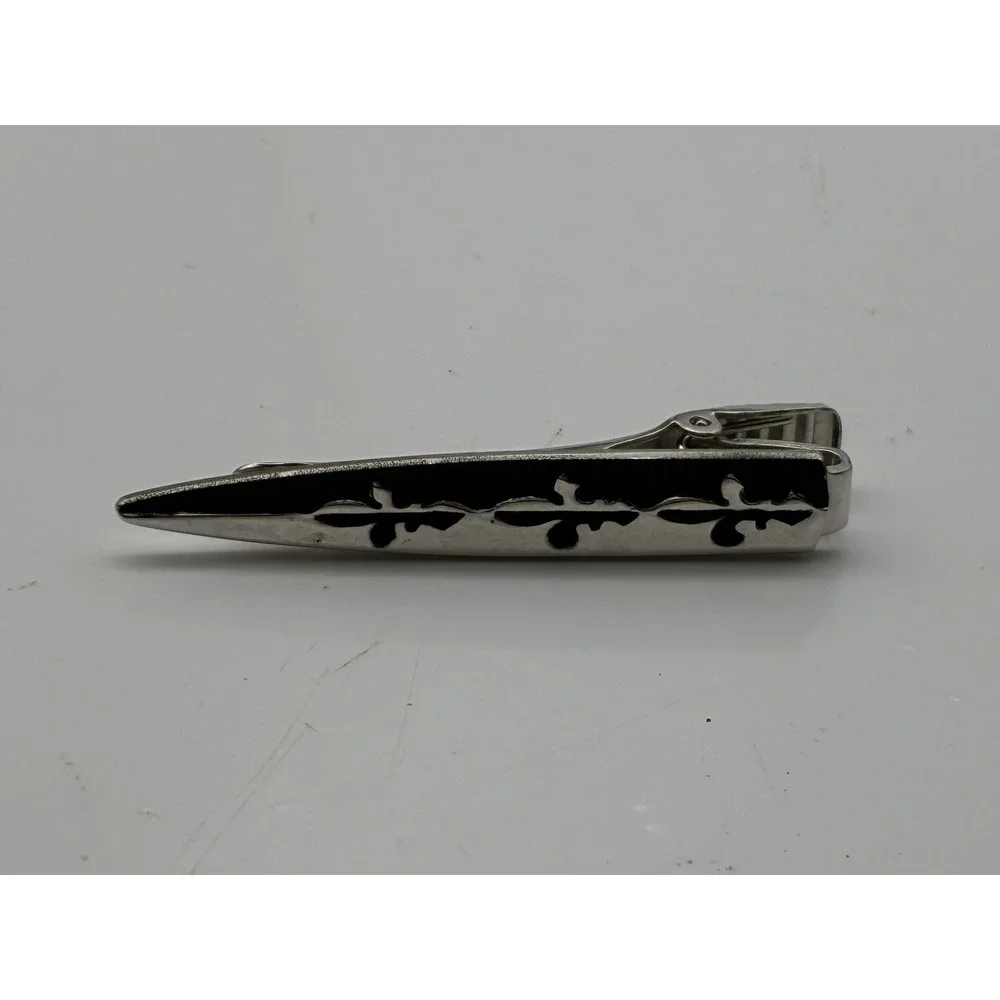 Anson Vintage Mens Silver Tone Fleur de Lis Cufflinks and Tie Clip Set Black